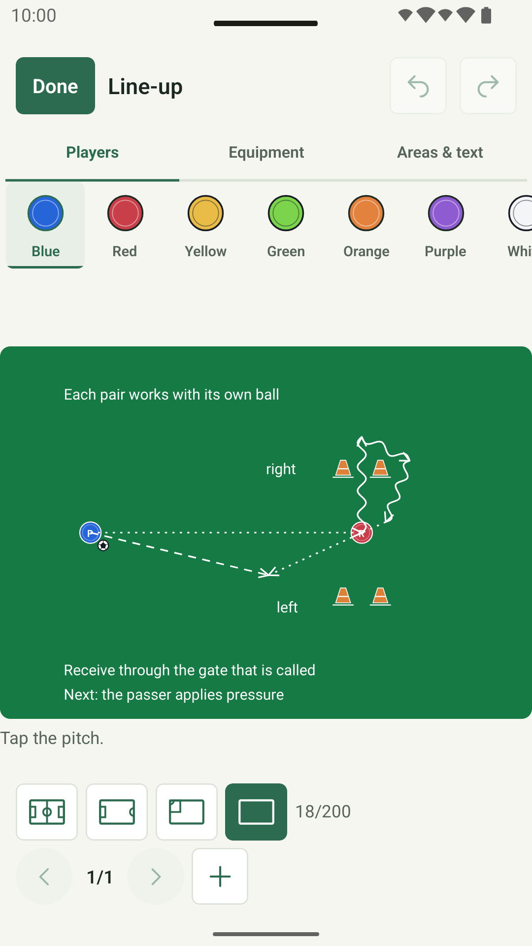 Football Training Maker exercise editor showing a football pitch, player markers and drawing tools