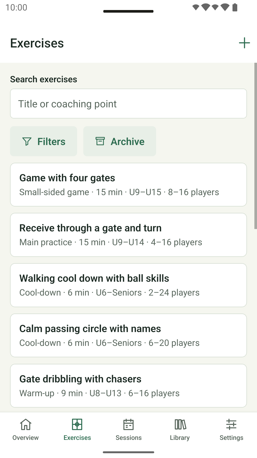 Football Training Maker exercise library with saved drills and filter controls